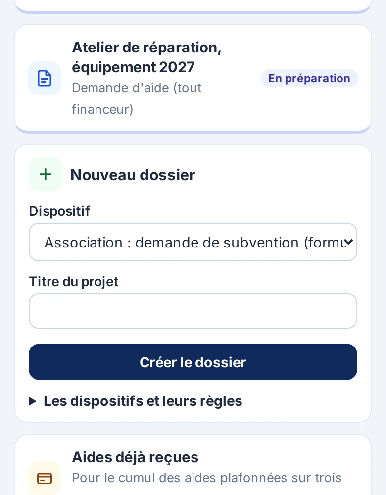 Accueil du bloc Subventions : aides possibles, dossiers, nouveau dossier.