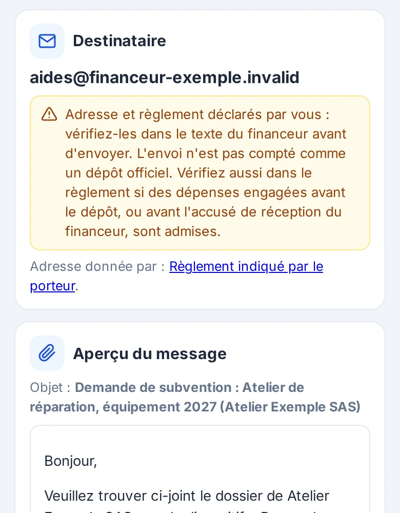 Aperçu avant envoi : destinataire et sa source, message, fichiers nommés, copie au porteur et confirmation.